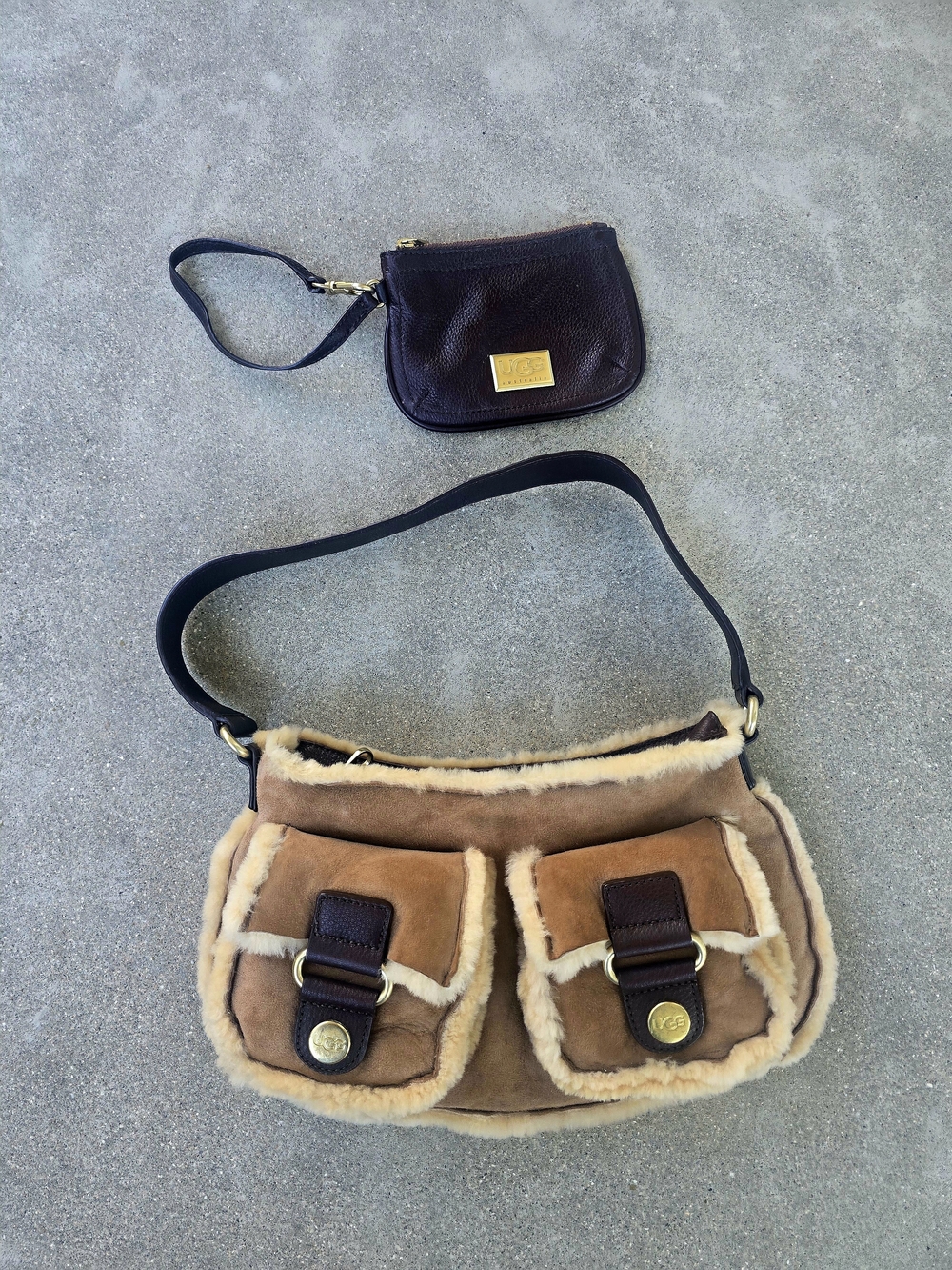 UGG Chestnut and Dark Brown Shearling Suede Shoulder Bag with Wristlet